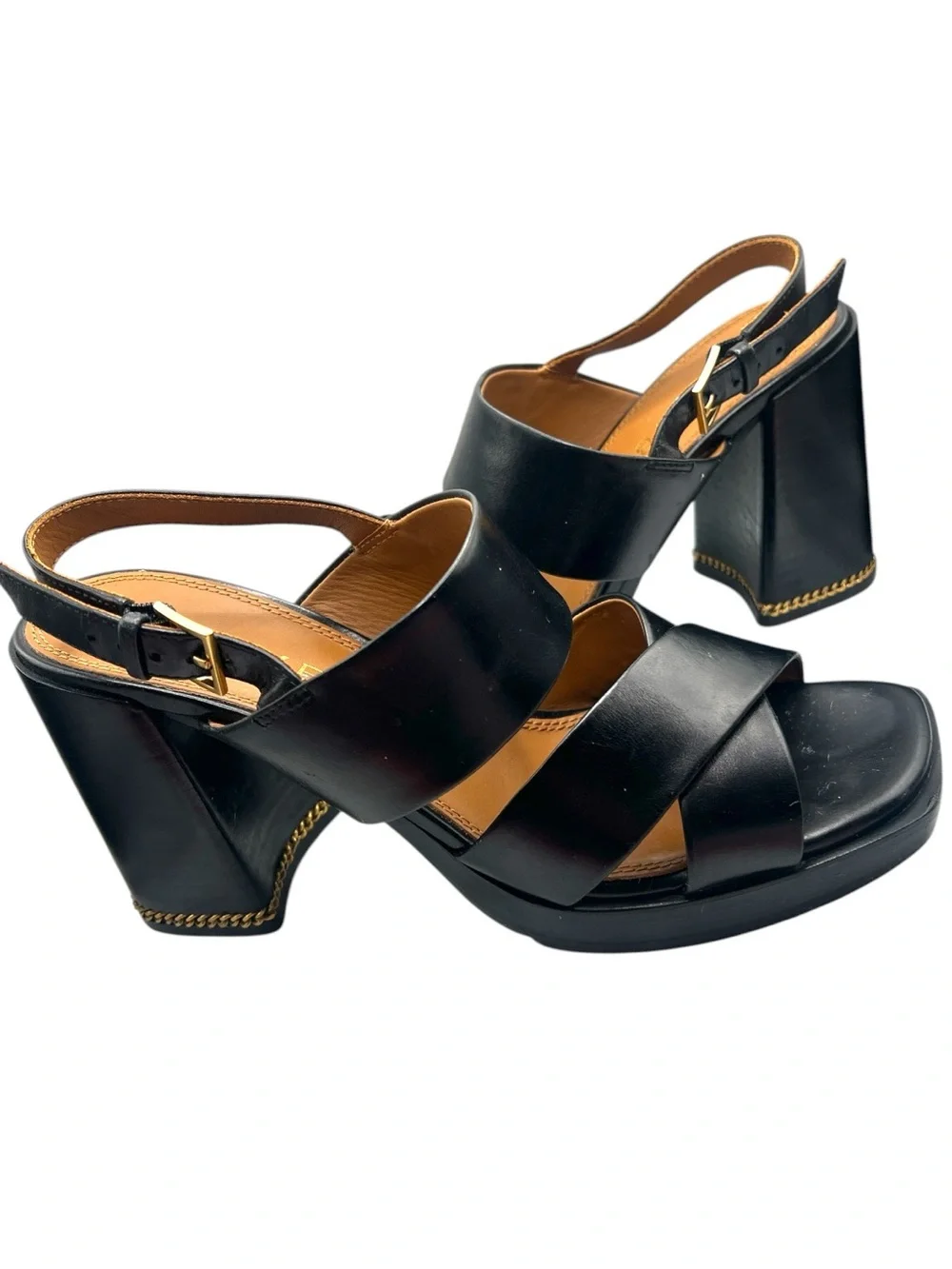 Tory Burch Ruby Chain Slingback Block Heel Sandals Black Leather Size 9
